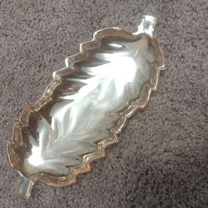 Gold carnival glass leaf serving dish.